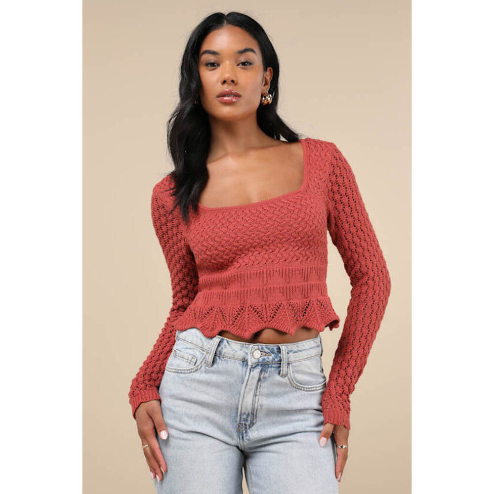 Lulus Lucky Cutie Rust Red Crochet Long Sleeve Sweater Top - Size M